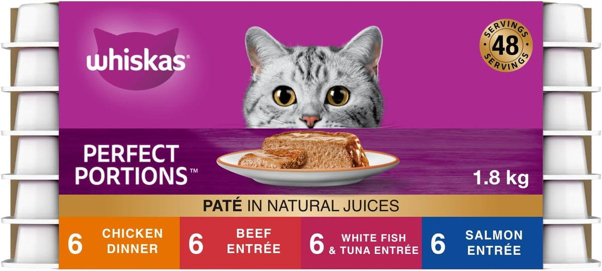 WHISKAS Perfect Portions Adult Wet Cat Food - Chicken, Beef, Whitefish and Tuna, Salmon, 75g Trays (24 pack)