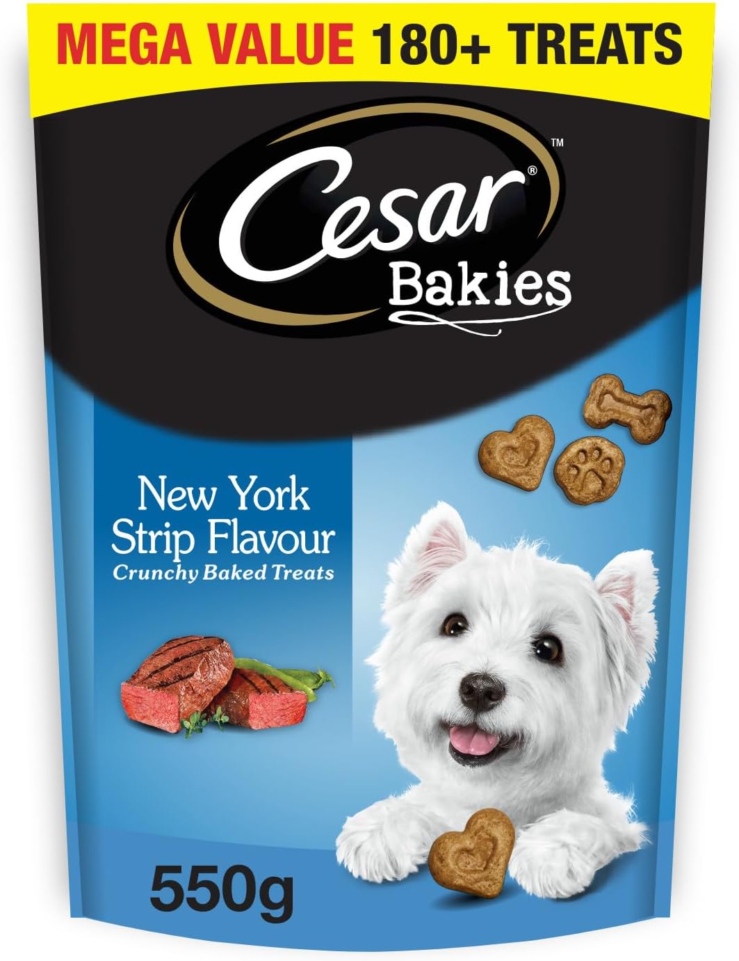 CESAR BAKIES Dog Treats, For Small Breed Adult Dogs, New York Strip Flavour, Crunchy Texture, Fun Shapes, 550g Resealable Pouch