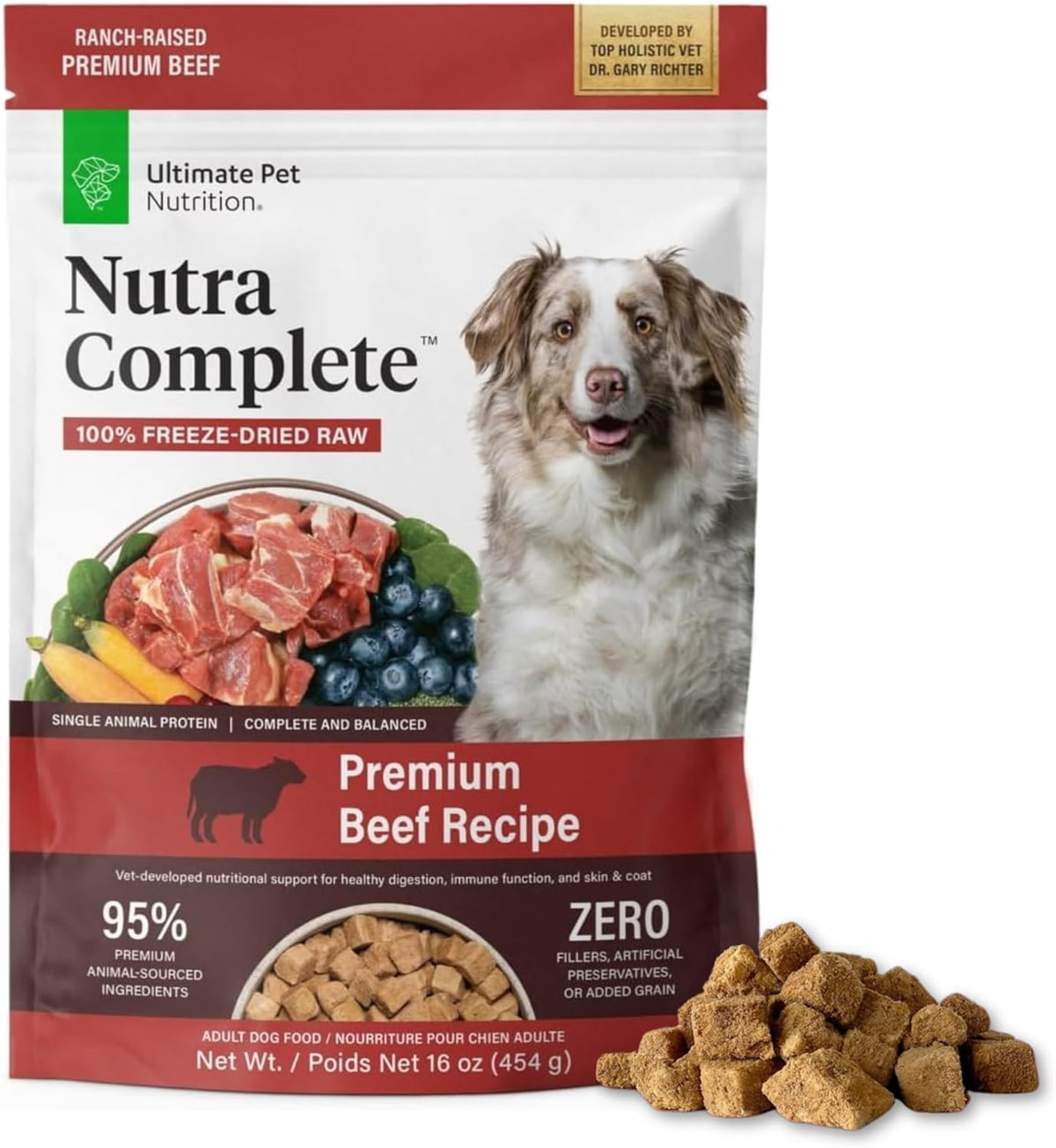 ULTIMATE PET NUTRITION Nutra Complete, 100% Freeze Dried Veterinarian Formulated Raw Dog Food with Antioxidants Prebiotics and Amino Acids (16 oz., Beef)