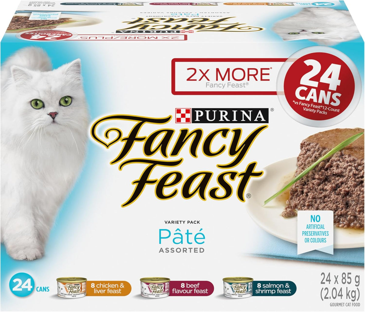 Fancy Feast Wet Cat Food, Pate Assorted Variety Pack 3 Flavours - 85 g Can (24 Pack)