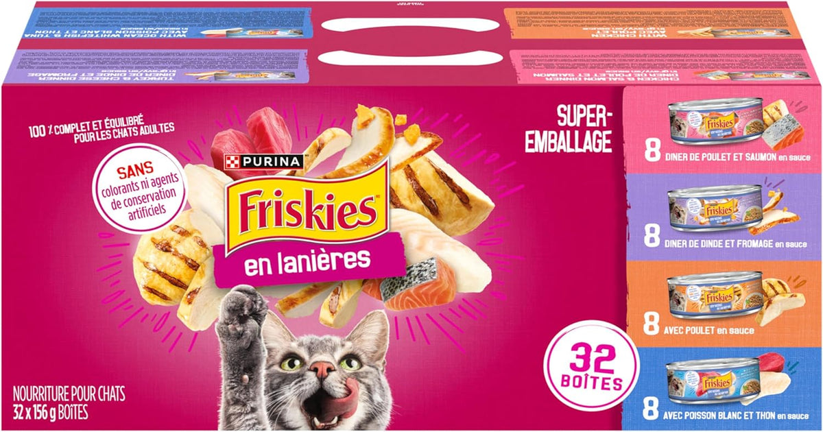 Friskies Shredded Wet Cat Food, Poultry & Fish Combo Variety Pack 4 Flavours - 156 g Can (32 Pack)